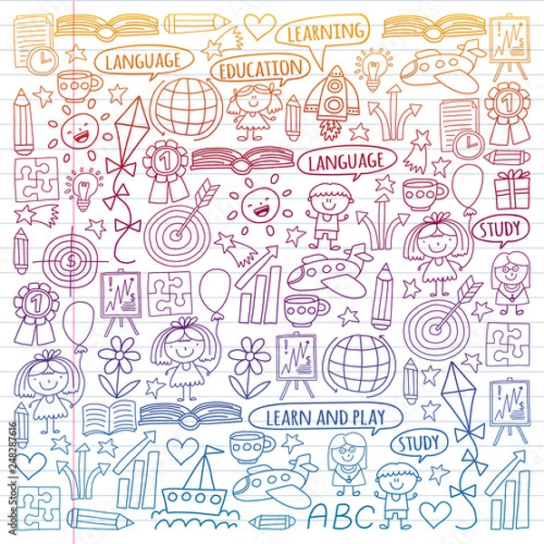 Fototapeta Vector set of learning English language, children's drawingicons in doodle style. Painted, colorful, gradient on a piece of linear paper on white background.