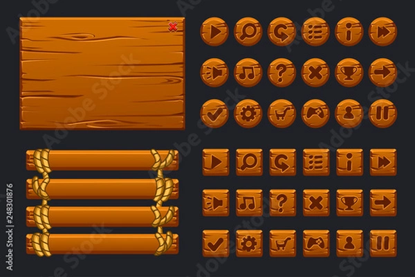 Obraz Vector game ui big kit. Template wooden menu of graphical user interface GUI and buttons to build 2D games.
