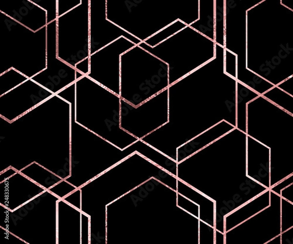 Fototapeta Seamless geometric rose gold glitter polygons pattern. Metallic pink hexagon abstract background