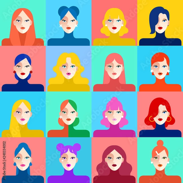 Fototapeta Set of woman hairstyles on colorful background : Vector Illustration