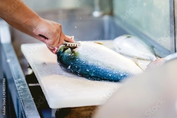 Fototapeta 魚を捌いて調理している様子