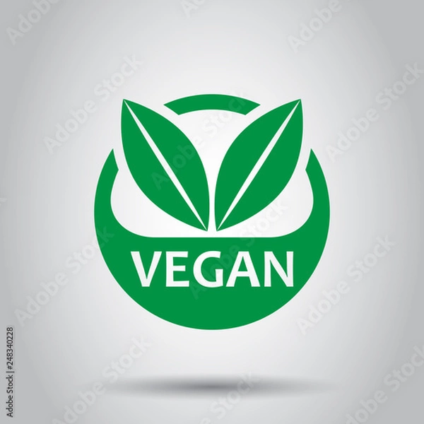 Fototapeta Vegan label badge vector icon in flat style. Vegetarian stamp illustration on white background. Eco natural food concept.