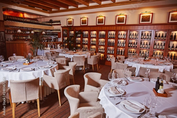 Fototapeta Wine cellar restaurant served dinner for celebration