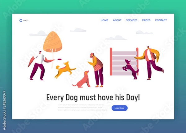 Fototapeta Owner Training Command Different Funny Dog Landing Page. Collection of Happy Man Woman Pet Play Torether. Friendship between Animal and Human Website or Web Page. Flat Cartoon Vector Illustration