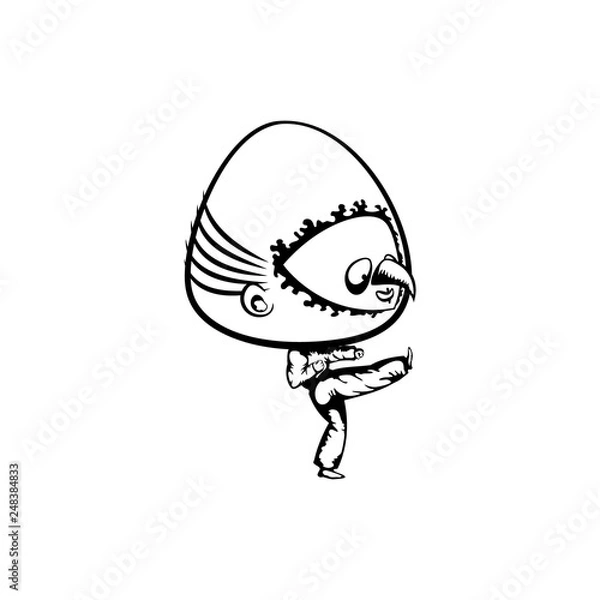 Fototapeta bighead trying karate. hand drawn vector monochrome outline cartoon character illustration with white background
