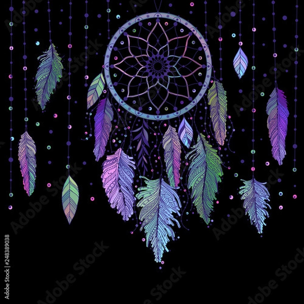 Fototapeta Dreamcatcher with colorful vibrant feathers on black background card or poster. Ethnic art with native American Indian boho design, mystery symbol, tribal gypsy. Vector illustration.