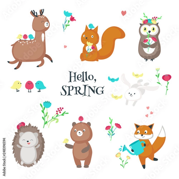 Fototapeta Cute funny spring animals vector isolated illustration