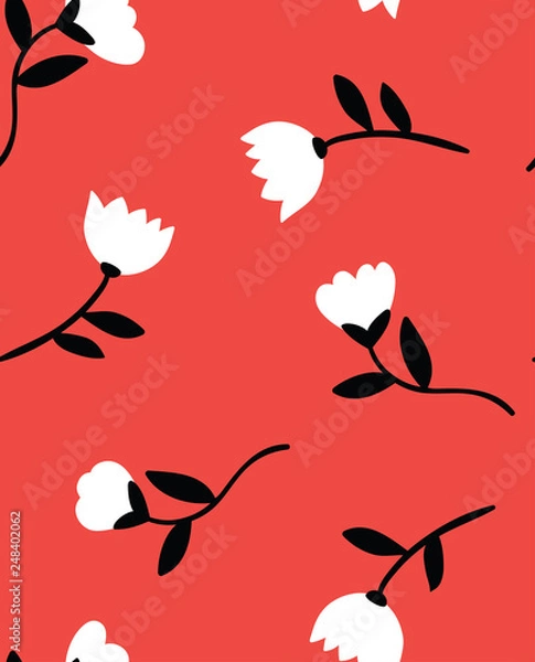Fototapeta Floral whimsical garden red, black and white seamless pattern