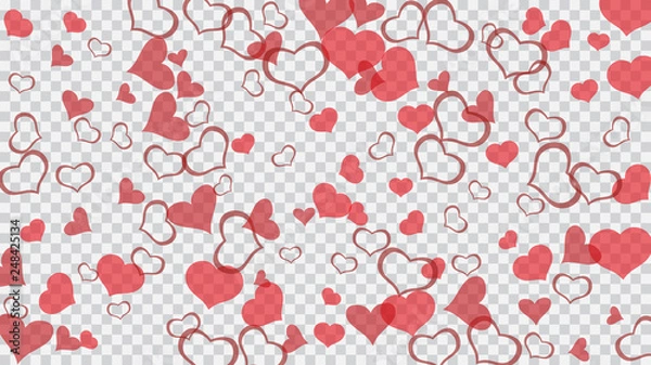 Fototapeta Festive background. Red hearts of confetti are falling. Red on Transparent fond Vector. A sample of wallpaper design, textiles, packaging, printing, holiday invitation for wedding.