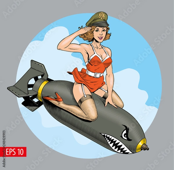 Obraz Seksowna kobieta w stylu komiksowym vintage jeżdżąca na bombie. Ilustracji wektorowych.