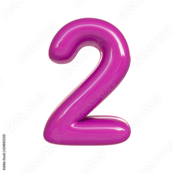 Fototapeta Glossy pink number two, 2. 3D render of bubble font isolated on white background