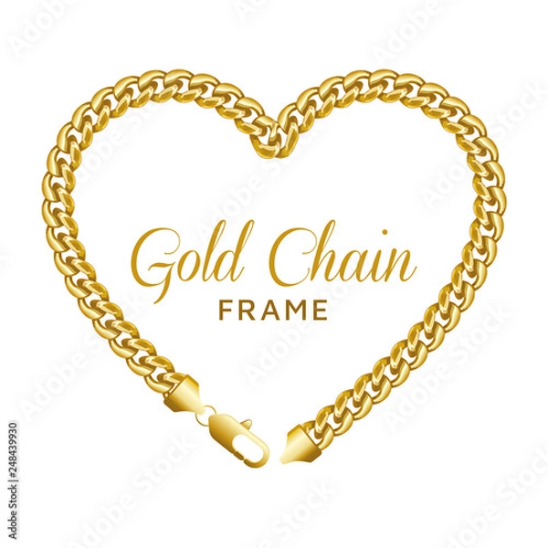 Obraz Gold chain heart love border frame. Wreath shape with a lobster lock. Realistic vector illustration isolated on a white background.