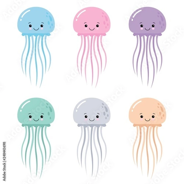Obraz Vector illustration of cartoon funny color jellyfish isolated on white background. Set of kawaii jellyfish