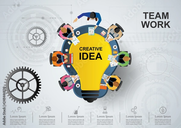 Fototapeta Business meeting and brainstorming. Idea and business concept for teamwork. Vector illustration infographic template with people, team, light bulb and icon.Print