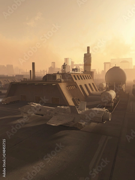 Obraz Spaceship Refuelling in a Future City - science fiction illustration