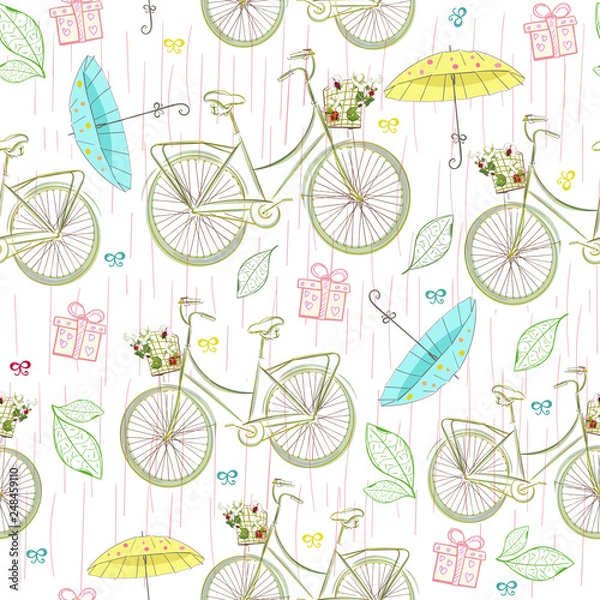 Fototapeta Hand-drawn seamless pattern with the image of a bicycle, a basket for flowers, a street lamp and a raindrop. Textile summer pattern fow girls. Cothes print. Wallpaper design watercolor. Bicycle travel