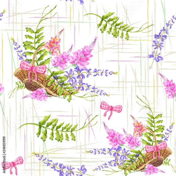 Fototapeta Hand-drawn seamless pattern with the image of a basket with lavender and wildflowers. Wintage lavender flower. Provance fabric. Clothes print. Wallpaper design watercolor.