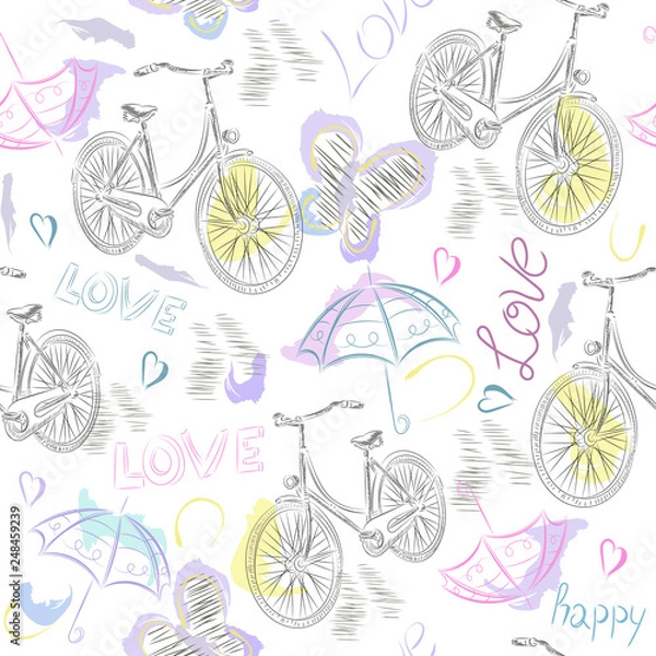 Fototapeta Hand-drawn seamless pattern with the image of a bicycle, hearts, butterflies, an umbrella and the word love. Textile summer pattern fow girls. Children clothes print. Wallpaper design watercolor. 