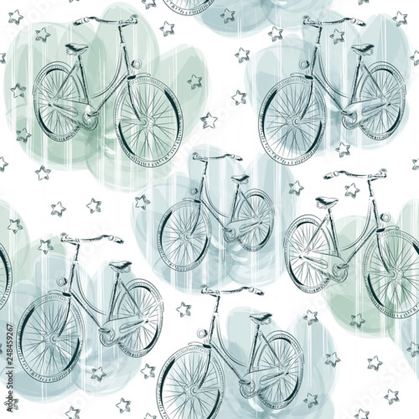 Fototapeta Hand-drawn seamless pattern with the image of bicycles and stars. Textile summer pattern fow girls. Children clothes print. Wallpaper design watercolor. Bicycle travel.