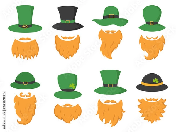 Fototapeta Set of different piece photo booth props with Irish leprechaun (hat and beard).