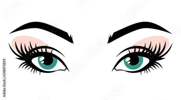 Fototapeta Eyelash extension logo. Vector illustration of green eyes with long eyelashes and make-up. For beauty salon, lash extensions maker. .