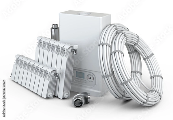 Obraz Gas boiler, heater radiator set and chimney pipe for house - front view. Heating system.