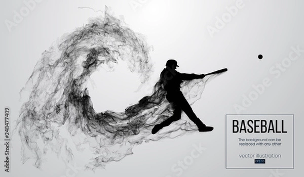 Obraz Abstract silhouette of a baseball player batter on white background from particles, dust, smoke. Baseball player batter hits the ball . Background can be changed to any other. Vector illustration