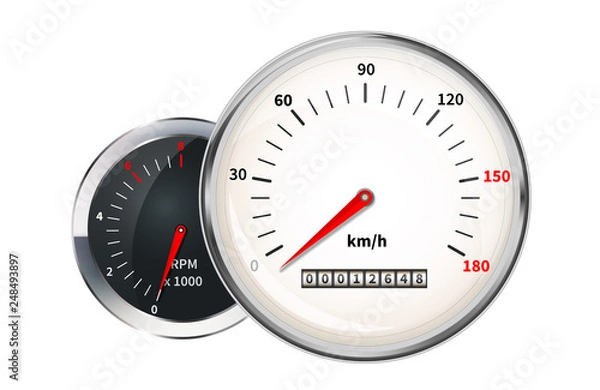 Fototapeta Retro speedometer and tachometer, set of car dashboard indicators on white