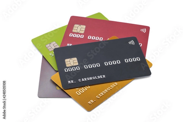 Obraz Pile of multicolored credit cards on white background, black card on top