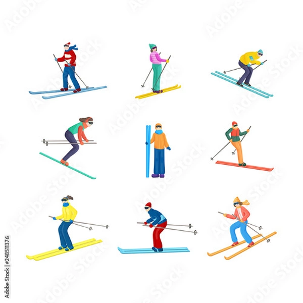 Fototapeta Set of standing, going straight and down skiers in different positions