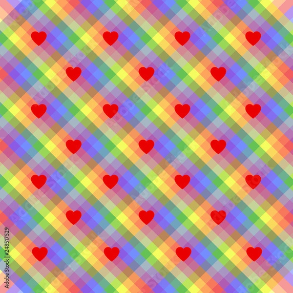 Fototapeta A seamless rainbow stripes pride wallpaper with hearts in colors of the LGBT flag movements, valentine's illustration, greeting card vector