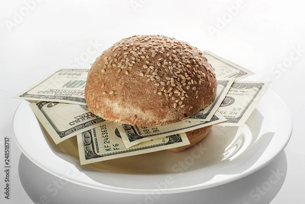 Obraz Conceptual photo. Hamburger with dollars on a white plate and on a white background.