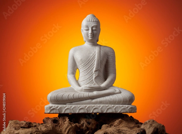 Obraz The white buddha figure stands on the texture wood.