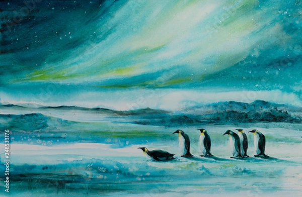 Fototapeta  Penguins in ice desert landscape. In background aurora borealis. Picture created with watercolors.