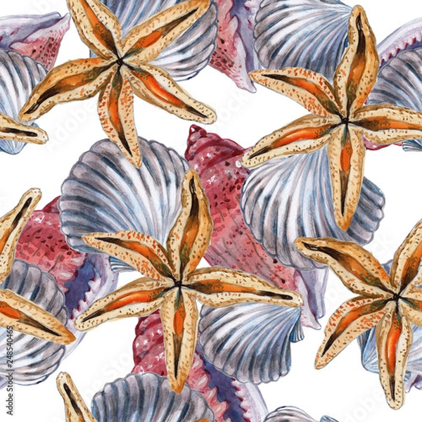 Obraz Seamless pattern with seashells, corals and starfishes. Marine background. Illustration in watercollor style. Perfect for greetings, invitations, wrapping paper, textile, wedding and web design.
