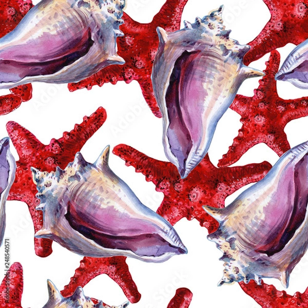 Obraz Seamless pattern with seashells, corals and starfishes. Marine background. Illustration in watercollor style. Perfect for greetings, invitations, wrapping paper, textile, wedding and web design.