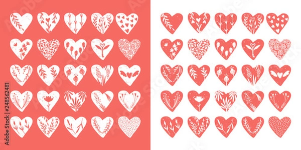 Fototapeta Vector collections of hand drawn hearts isolated on transparent background. Love valentines day clipart. Heart shape decorated floral elements: rose, tulip, key with wings, arrows