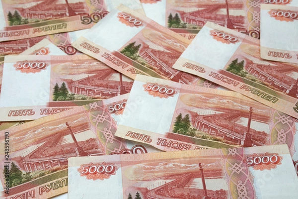 Obraz Horizontal background of bundle of five thousand Russian ruble banknotes
