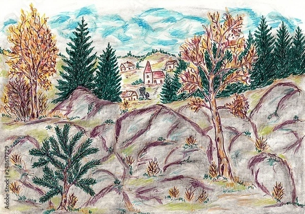 Fototapeta Hand drawn multicolor illustration with nature theme (landscape with forest, stones and cottages) - scan