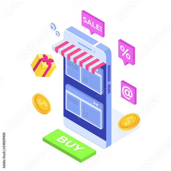 Obraz Online Shopping on mobile phone isometric concept. Ecommerce retail app on device. Vector illustration.
