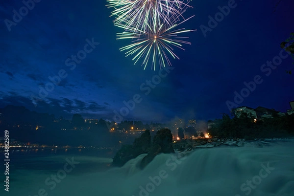 Fototapeta Amazing fireworks display high up in the Swiss mountains celebration Swiss national day in Schaffhausen the place where the river Rheine has its origin