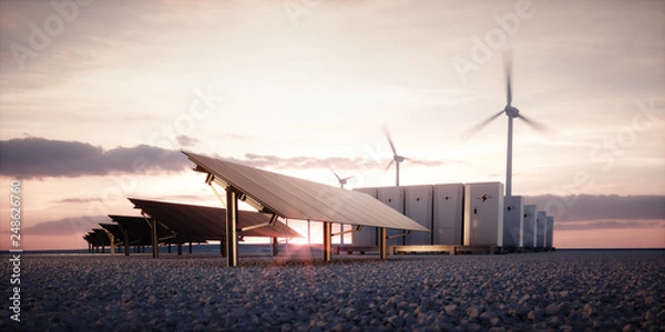 Fototapeta Narodziny nowych technologii energii odnawialnej. Nowoczesne, estetyczne i wydajne ciemne panele słoneczne, modułowy akumulatorowy system magazynowania energii oraz system turbin wiatrowych w ciepłym świetle. Renderowanie 3D.