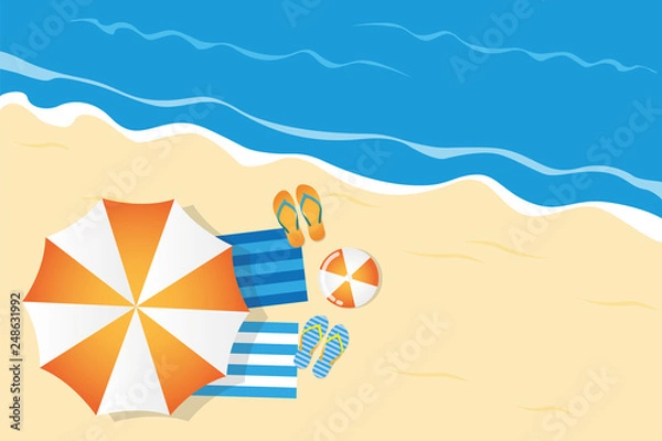 Fototapeta summer holiday on the beach top view with parasol flip flops and ball vector illustration EPS10