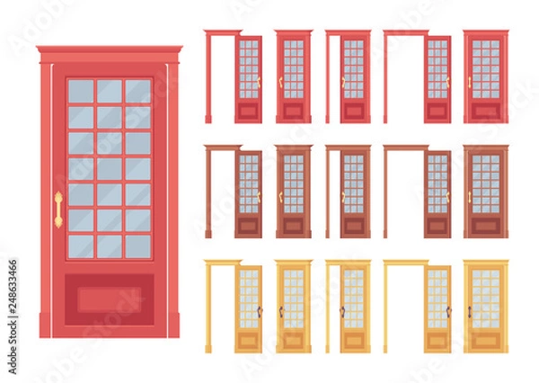 Fototapeta Doors classic set, wooden with glass, entrance to a building, room. Home, office design concept. Vector flat style cartoon illustration isolated on white background, different views, open and closed