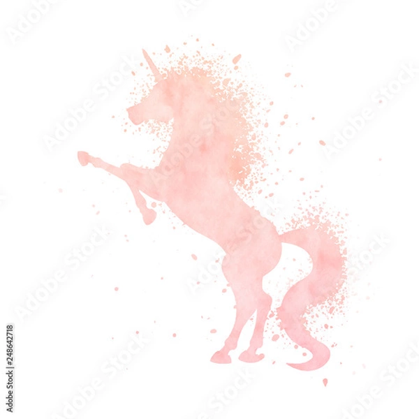 Fototapeta Watercolor unicorn silhouette painting with splash texture isolated on white background. Cute pink magic creature vector illustration.