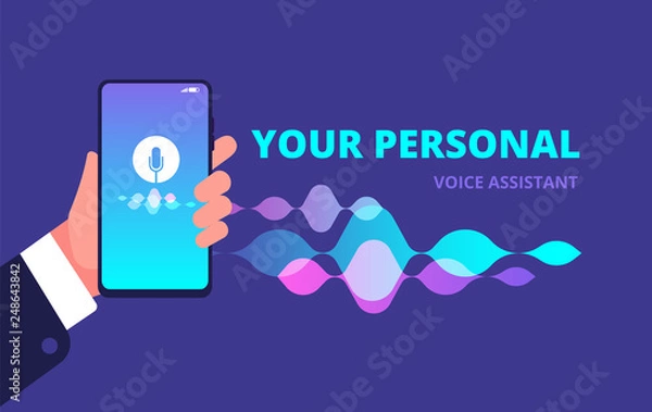Obraz Voice assistant. Sound and music recognition and analytics smartphone app vector concept. Voice sound recognition, technology phone assistant illustration