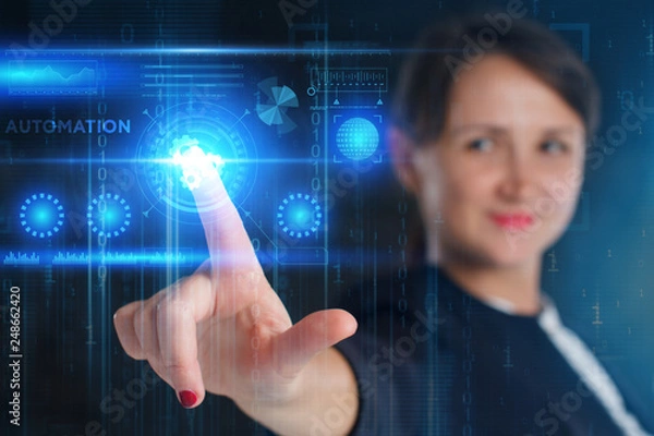 Fototapeta The concept of business, technology, the Internet and the network. A young entrepreneur working on a virtual screen of the future and sees the inscription: Automation