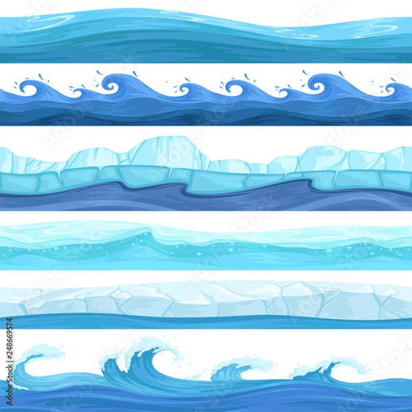 Fototapeta Water game seamless. Surface liquid ocean river waves bubbles underwater vector pattern. Illustration of sea and ocean game, ice surface wave
