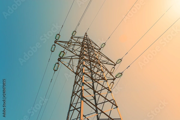Obraz Electric power pylon and overhead lines tower used transmit electrical energy