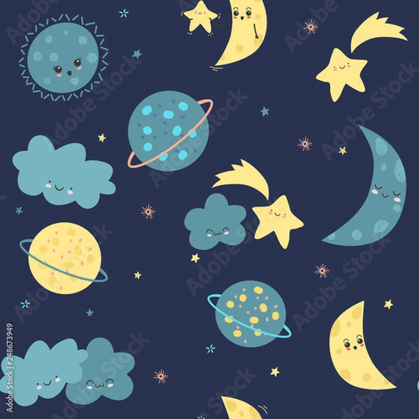 Fototapeta Draw seamless pattern, set background with sky, cloud, stars, celebrities, planet, earth, moon, luna, emotion and many details.For printing, website, presentation element, textile. Vector illustration